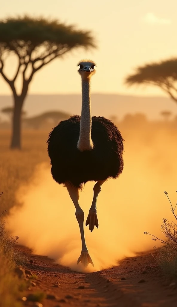 An ostrich running at full speed, modern day, in the savanna, its long legs in motion, dust kicking up behind it, with acacia trees in the distance, dynamic shot, hyper-realistic, photo realism, cinematography --ar 9:16