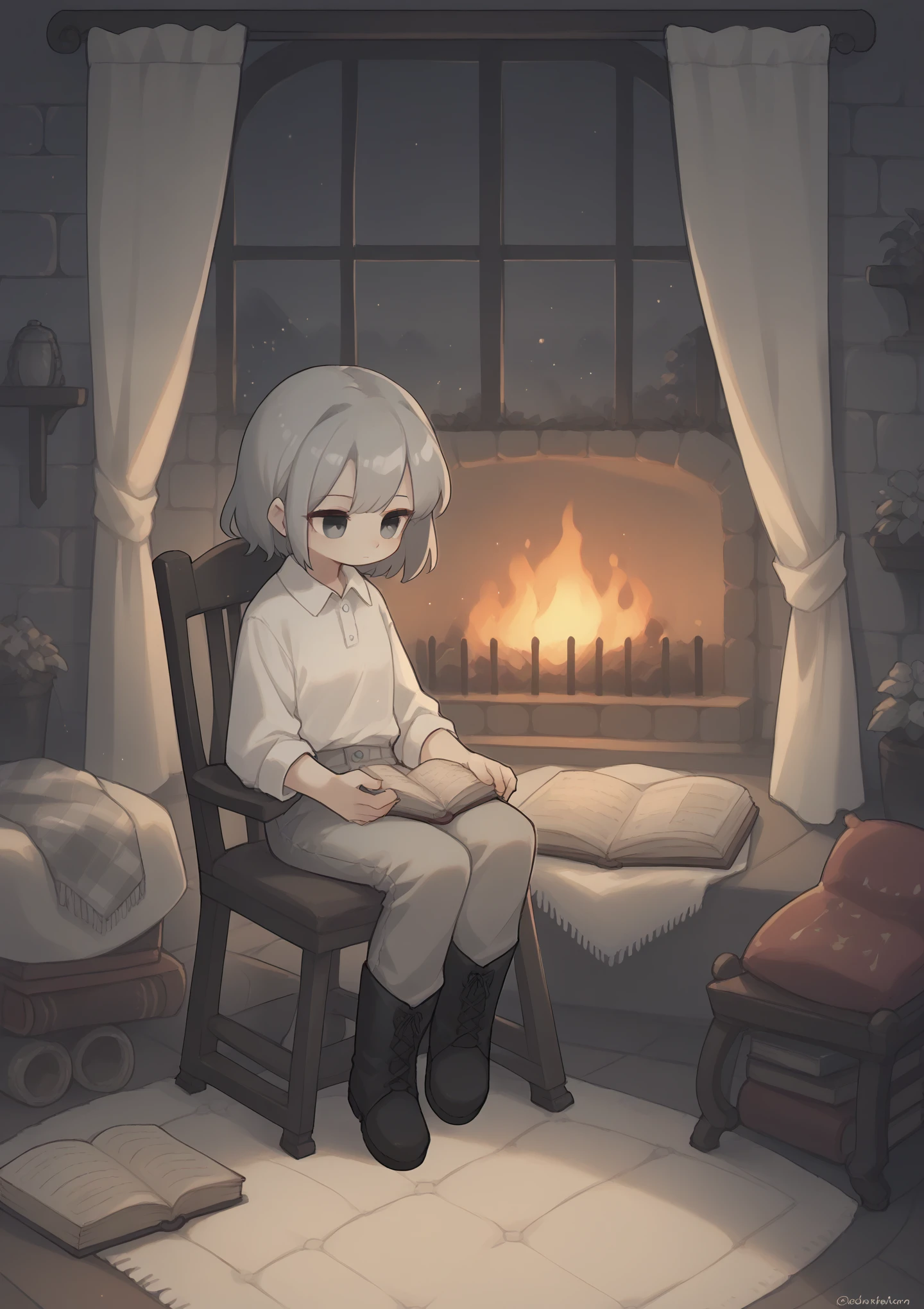 Miss、Gray medium-length hair，Gray Eyes，Pure white shirt，trousers，boots，Sitting in a rocking chair，Book in hand，（（Covered with blankets））night，Outside the window，fireplace，fire，curtain
