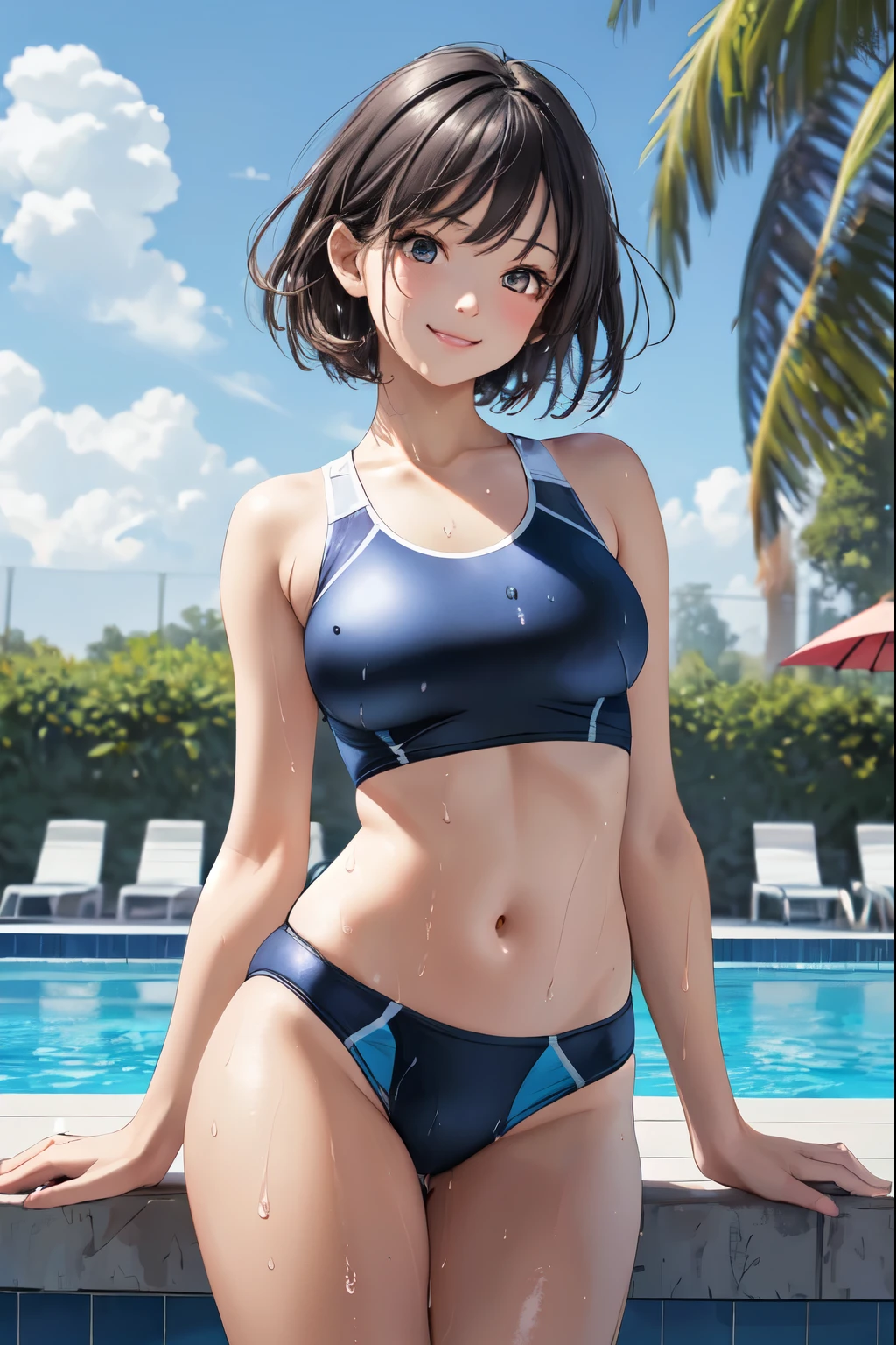 (super flat, flat shading), Honors Type, Really blushing, 17 years old, high school girl, wearing school swimsuit, Short bob cut brown hair, Glasses, sweaty healthy body, mesugaki smile, bare legs, ultra realistic, early morning, (clothes lift:1.2) (navel:1.5), (dynamic pose), in crowded poolside, 