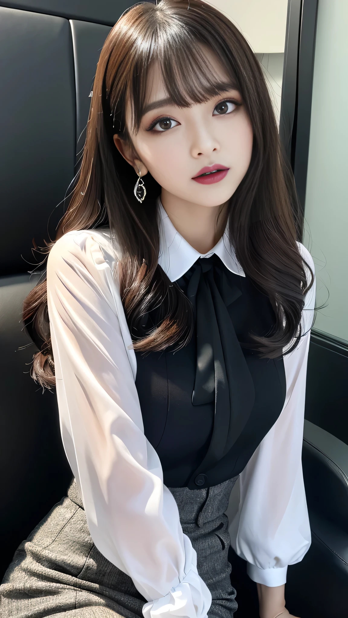best quality、ultra-detailed、8k、Japanese、Seductive beauty、seductive adult woman、Pretty Woman、cool girl、smirk、Wicked Smile、Villainess、brainwash makeup、brainwash、Fallen into evil、Evil look、evil、Brown hair、wavy hair、swept bangs、dark makeup、piercing eyes、hollow eyes,half-closed eyes、Hollow Eyes、purple Eyeshadow、black lipstick、black lipglos、Purple Eyeshadow、black lipstick、black lip gloss、Dark Makeup、smirk、Whisper in my ear、business suit、black Jacket、white blouse、ribbon、flare skirt、pantyhose、night、inside darkroom、Kiss、I have lipstick、Are standing、Look、Offer、shoot from below