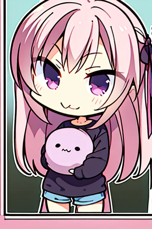 Perfect face. Perfect hands. A pink haired girl with violet eyes in shorts and Gothic t-shirts is sticking out her tongue in a cemeterywith a big smile