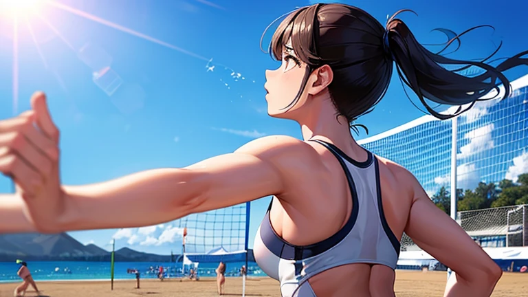 During a beach volleyball match、Draw a woman in a swimsuit about to jump and hit a spike.。Her concentrated expression and dynamic movements、Feel the tension and excitement of the match。