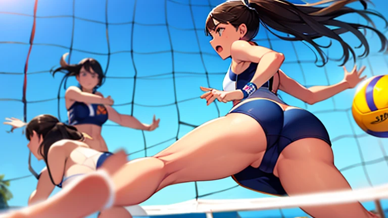 During a beach volleyball match、Draw a woman in a swimsuit about to jump and hit a spike.。Her concentrated expression and dynamic movements、Feel the tension and excitement of the match。