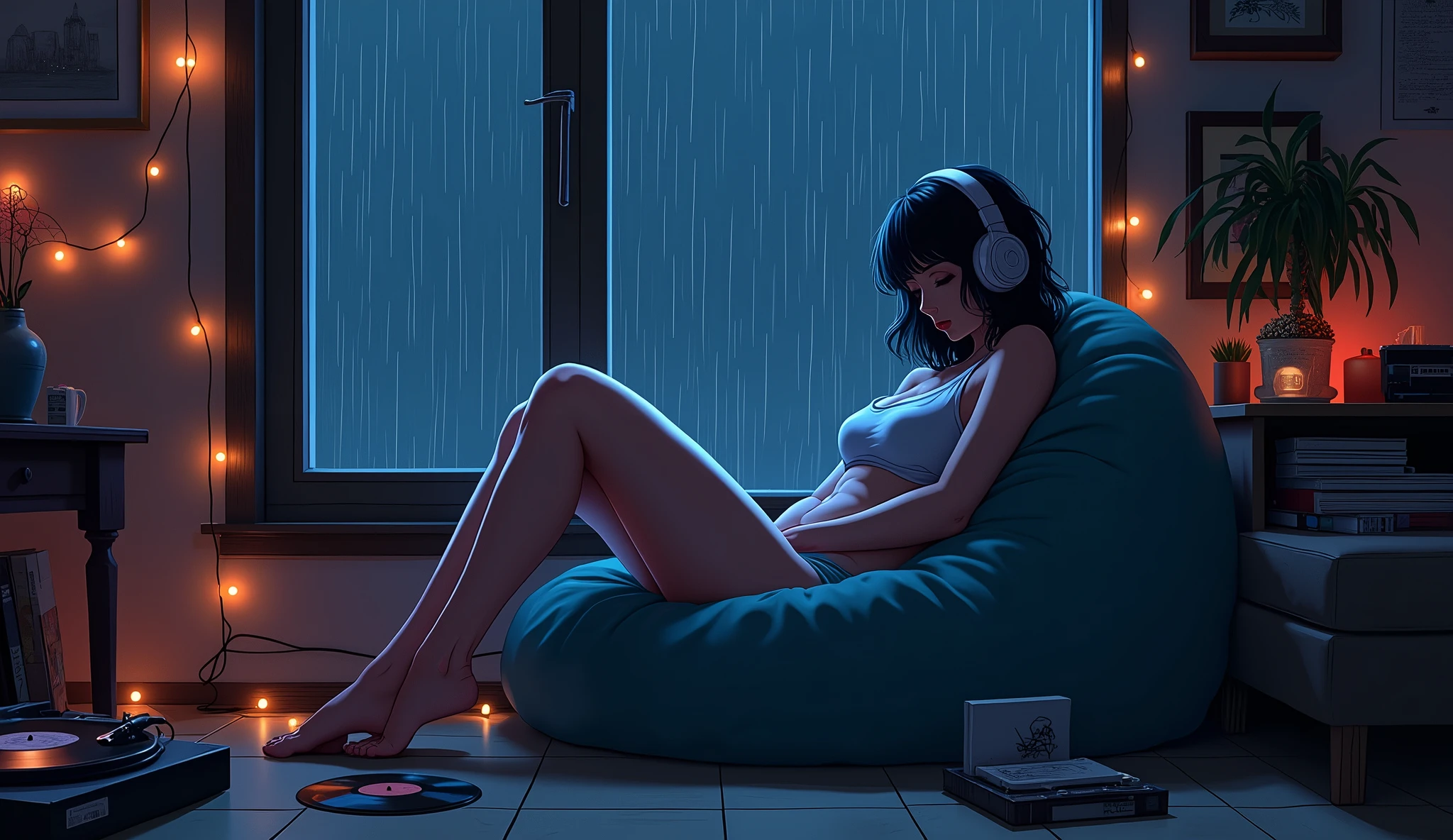 night、Listening to music in a cozy room, Using headphones, 2d anime style, Low Fidelity, harddisk, Dark Environment、Emo、it'It's raining outside、Large Breasts、You look well