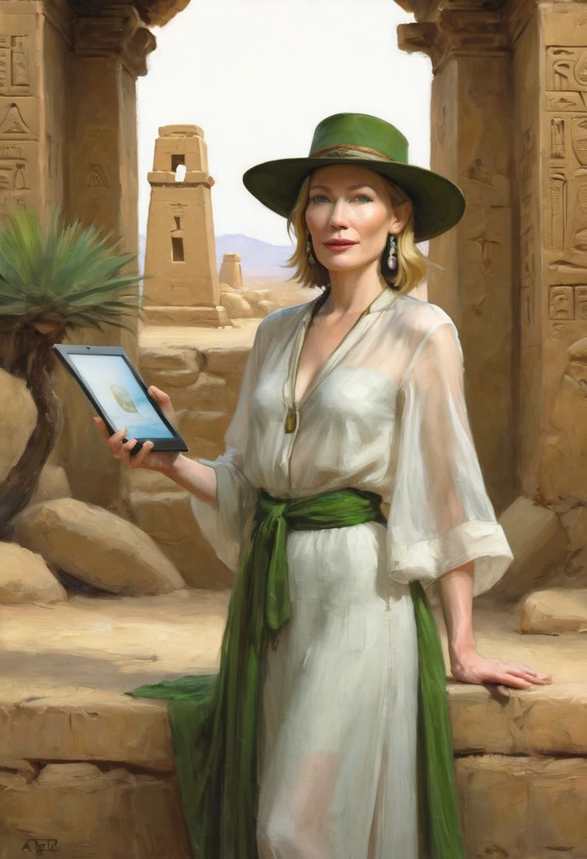 (sag)Cate Blanchett, age 25, age 25, British Expedition hat, Sheer white top tied above belly, Sheer green dress, no underwear, holding a tablet, desert ruins with hieroglyphs,