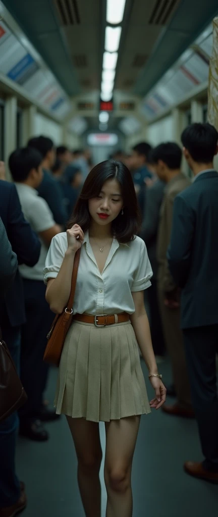 (32K:1.9, Highest quality, masterpiece, Ultra-high resolution, Professional low-angle camerawork:1.5, Very detailedな肌と顔の質感:1.4), Always accurate, Very detailed, ((A short Japanese woman of 25 years old, Big breasts on the verge of collapse:1.2, Several men touched parts of her body.:1.9, crowded train:1.8, A tight skirt and a white shirt:1.5, Incredibly slim body:1.3, areola is not visible)), Bag, belt, Fair skin, elegant, sense of cleanliness, Thin eyebrows, (Big eyes that exude beautiful eroticism:0.4, Embarrassed smile:1.0, I despise you from the bottom of my heart:0.8, Open your mouth a little, lipstick, Feel the beautiful eroticism:0.9), (Wet dark brown medium length hair), Earrings, necklace, bracelet, romantic, mysterious, Object of admiration, original, dramatic, artistic, Innovative, charm, Heartful, Fancy, sense of openness, special, ((exciting, Extreme, Tilt, sense of loss, suffering, sufferingの表現)), ((Mistakes made due to youth, 女性的なcharm))