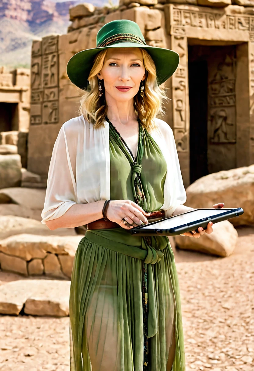 (sag)Cate Blanchett, age 25, age 25, British Expedition hat, Sheer white top tied above belly, Sheer green dress, no underwear, holding a tablet, desert ruins with hieroglyphs,