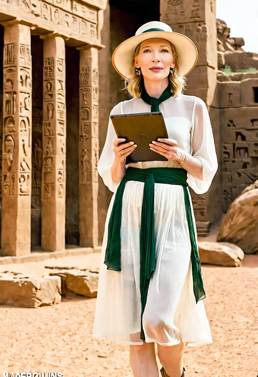 (sag)Cate Blanchett, age 25, age 25, British Expedition hat, Sheer white top tied above belly, Sheer green dress, no underwear, holding a tablet, desert ruins with hieroglyphs,

