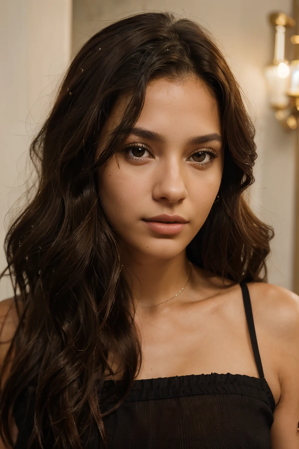 high quality Sofia Alves Age: 22 years Appearance: Sofia is a young woman with fair skin and deep brown eyes that convey a mixture of curiosity and determination. Her dark brown hair falls in soft waves to her shoulders, framing her delicate face with well-defined features.