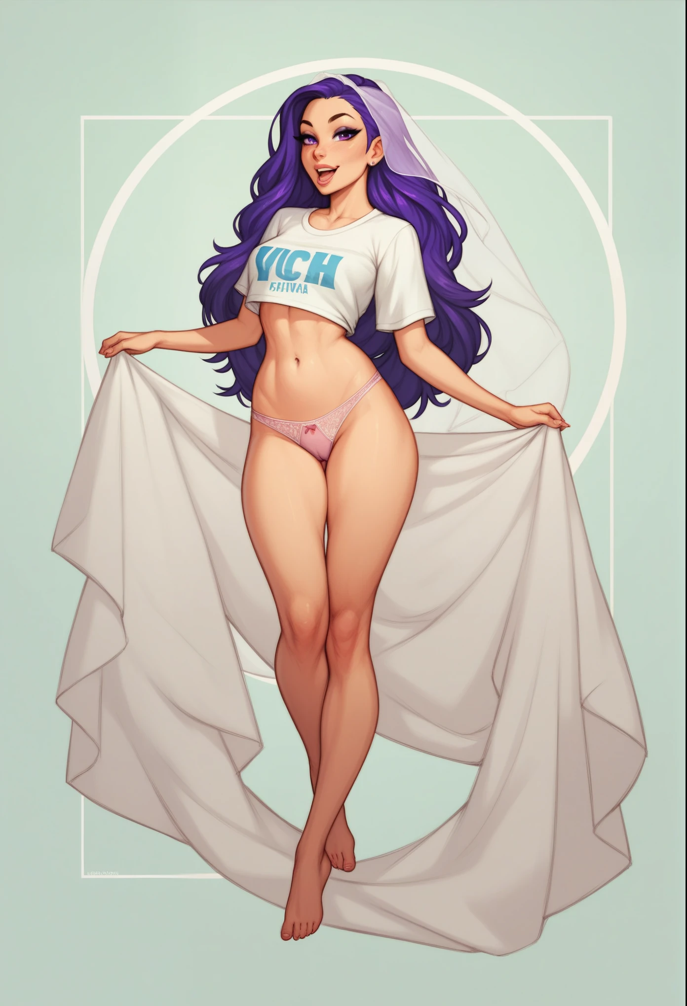 exposed legs, exposed thighs, exposed hips, exposed belly, Based on the description, s40r1k1d0 wearing a wide light pink panties and white t-shirt. She has long purple hair, Long  white veil behind your body. She holds a veil with her hands, which passes behind her body.. Your hips and legs are exposed. This lingerie suggests she is taking part in a sensual photoshoot. Exposed hair, exposed face