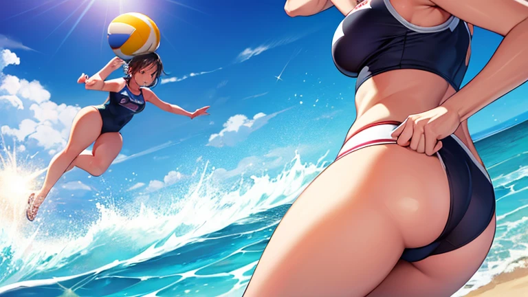 During an intense beach volleyball rally、Please draw an illustration of a woman in a swimsuit diving on the sand to catch a ball.。White waves and shining sun in the background、The passionate battles of sports are depicted。