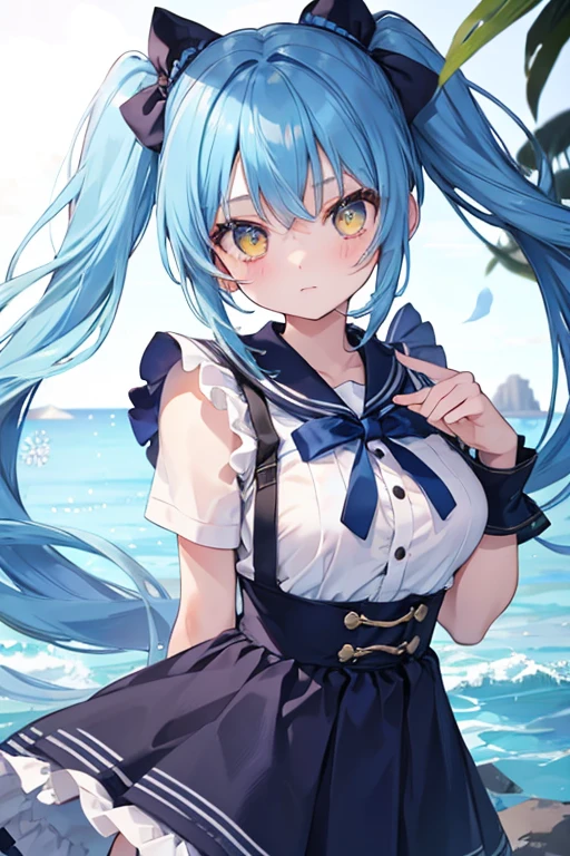 A beautiful girl with blue hair, twin tail, yellow eyes