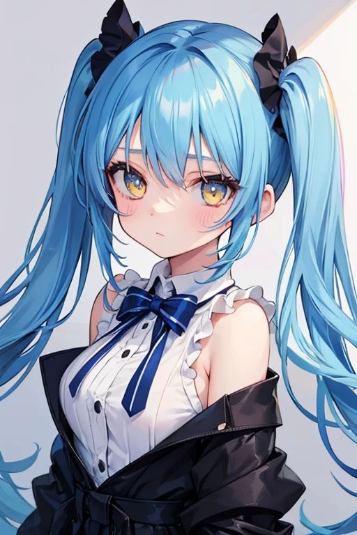 A beautiful girl with blue hair, twin tail, yellow eyes