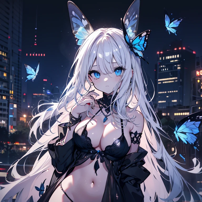 1 person、Mature、Ample breasts、White Hair、Long Hair、Blue Eyes、White skin、Black Dress、Shoulder Bare、Belly button、Blood splatter、Ruined City、Downtown、Night view、A troubled look、necklace、bracelet、Blue Butterfly、High resolution、Highest quality