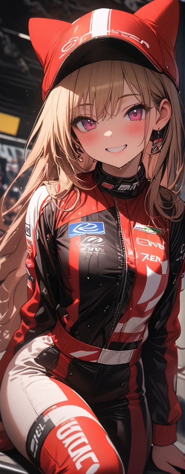 , (beautiful girl: 1.3),1girl,masterpiece, Highest quality, Ultra-high resolution,rich contrast,super high quality,8k,Highly detailed CG unit wallpaper,texture,Incredibly absurd,Ultra-high resolution,RAW Photos,F1 racing suit,F1 Circuit,A big smile,Lotus 79,((Wet))