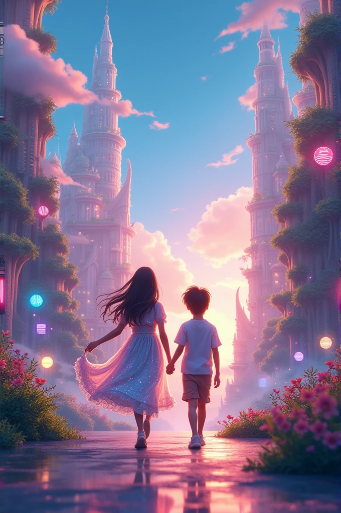 A  and a girl holding hands while walking into a dream city