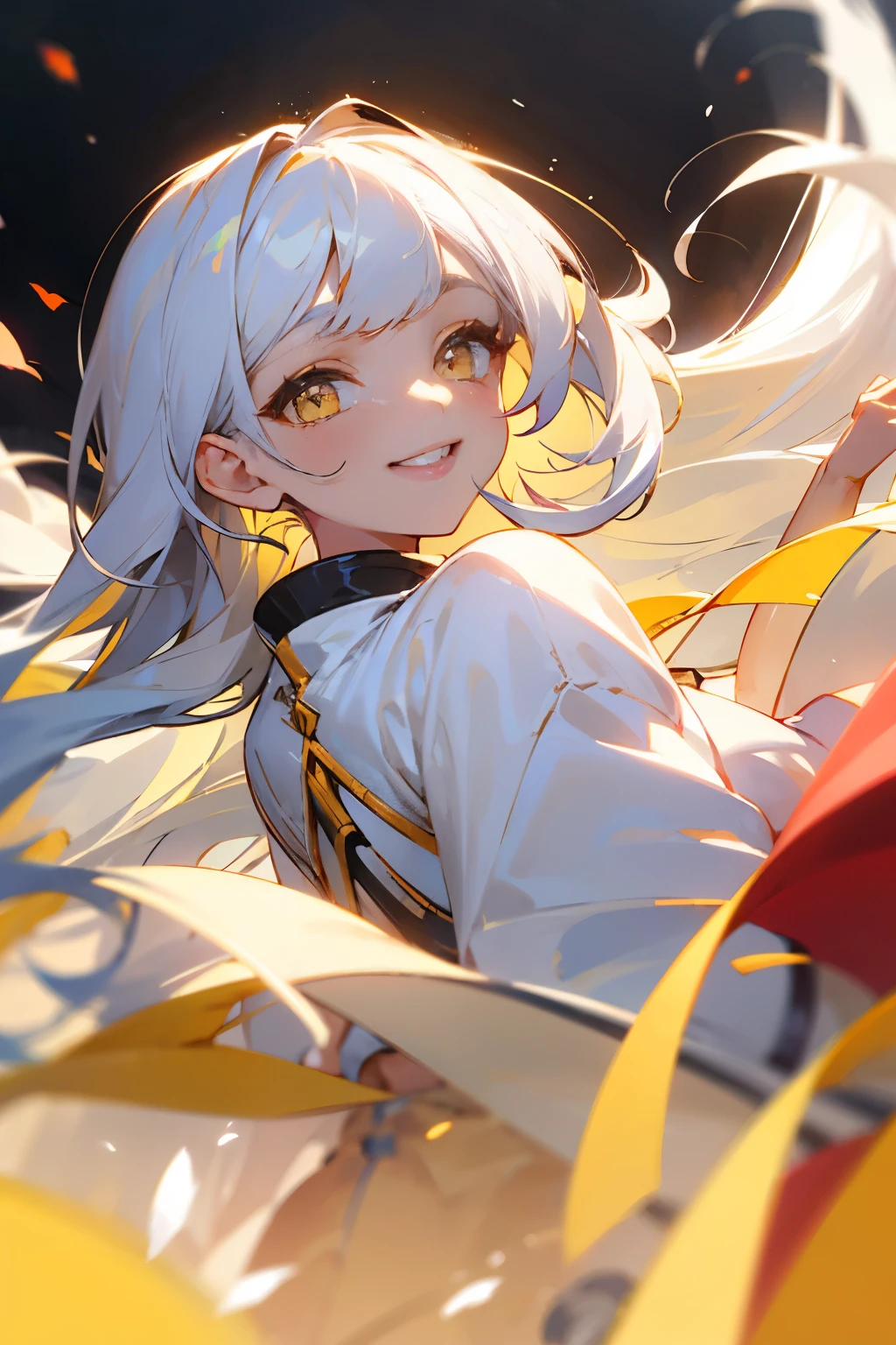 A beautiful woman. Vibrant yellow eyes. Long fluffy hair with bangs. White eyelashes. Smiling playfully. Long hair. One person. White hair.