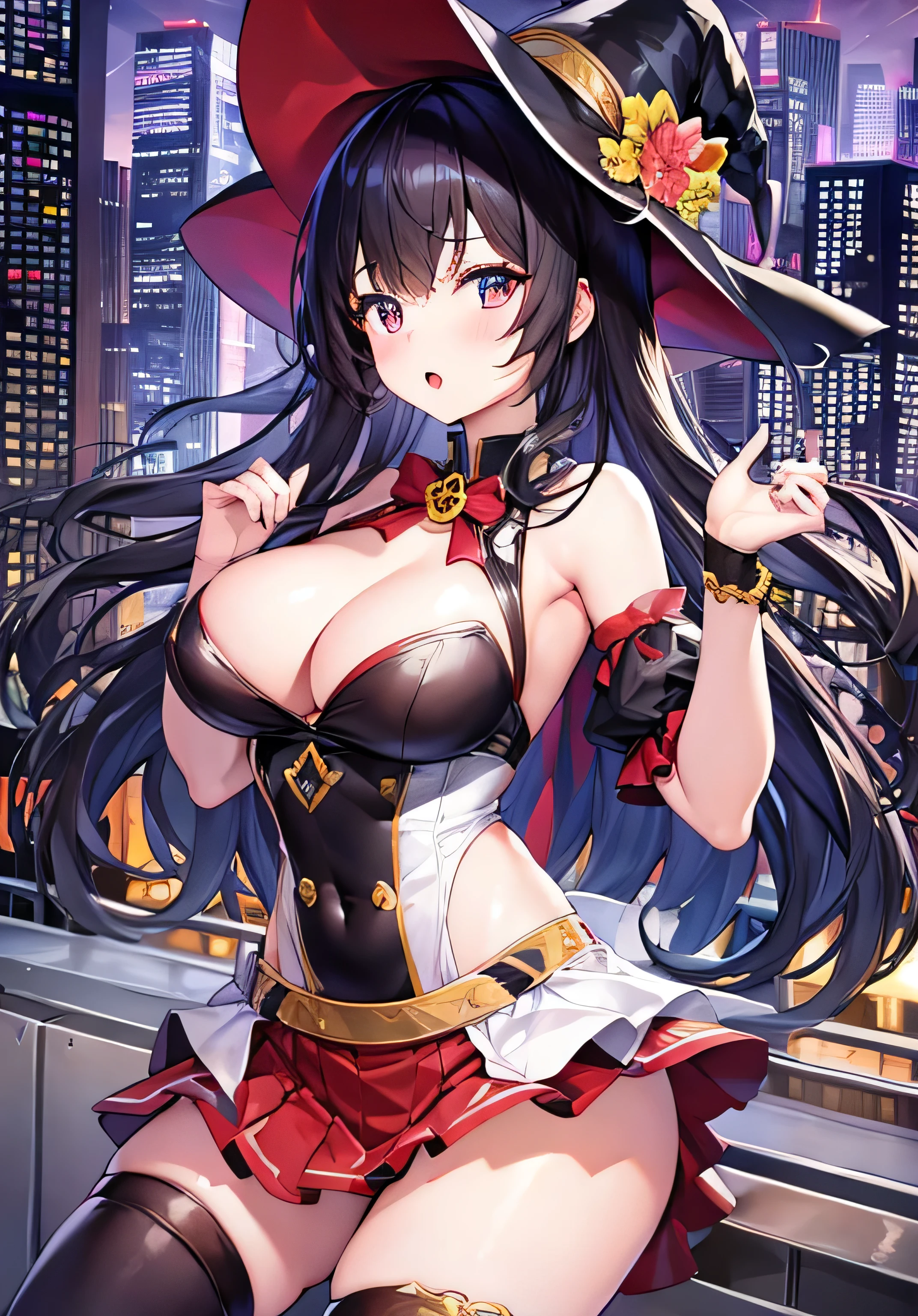masterpiece、Highest quality、Ultra-high resolution、nsfw、age girl with big breasts、twin tail hairstyle、black hair、Red face、shyly、open your mouth just a little、Witch costume with visible cleavage for teengirls、mini-skirt for teenage s、thigh-high socks for teenage girltch's hat for teenage girls、On roof of a building at night、skyscrapers at night、at night time