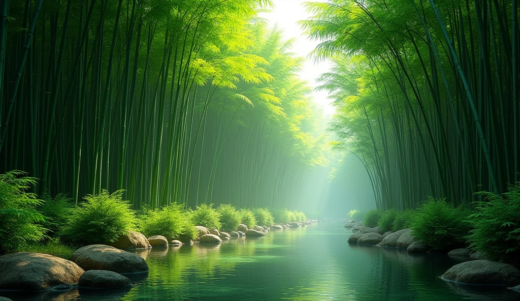 Bamboo Forest,verdant, towering, serene, misty, labyrinthine, whispering, lush, tranquil, sunbeams, dappled, shadows, serene pathways, exotic, bamboo groves, rustling leaves, still waters, meditative, Zen-like, ethereal, hidden secrets, harmony with nature, peacefulness, timelessness.