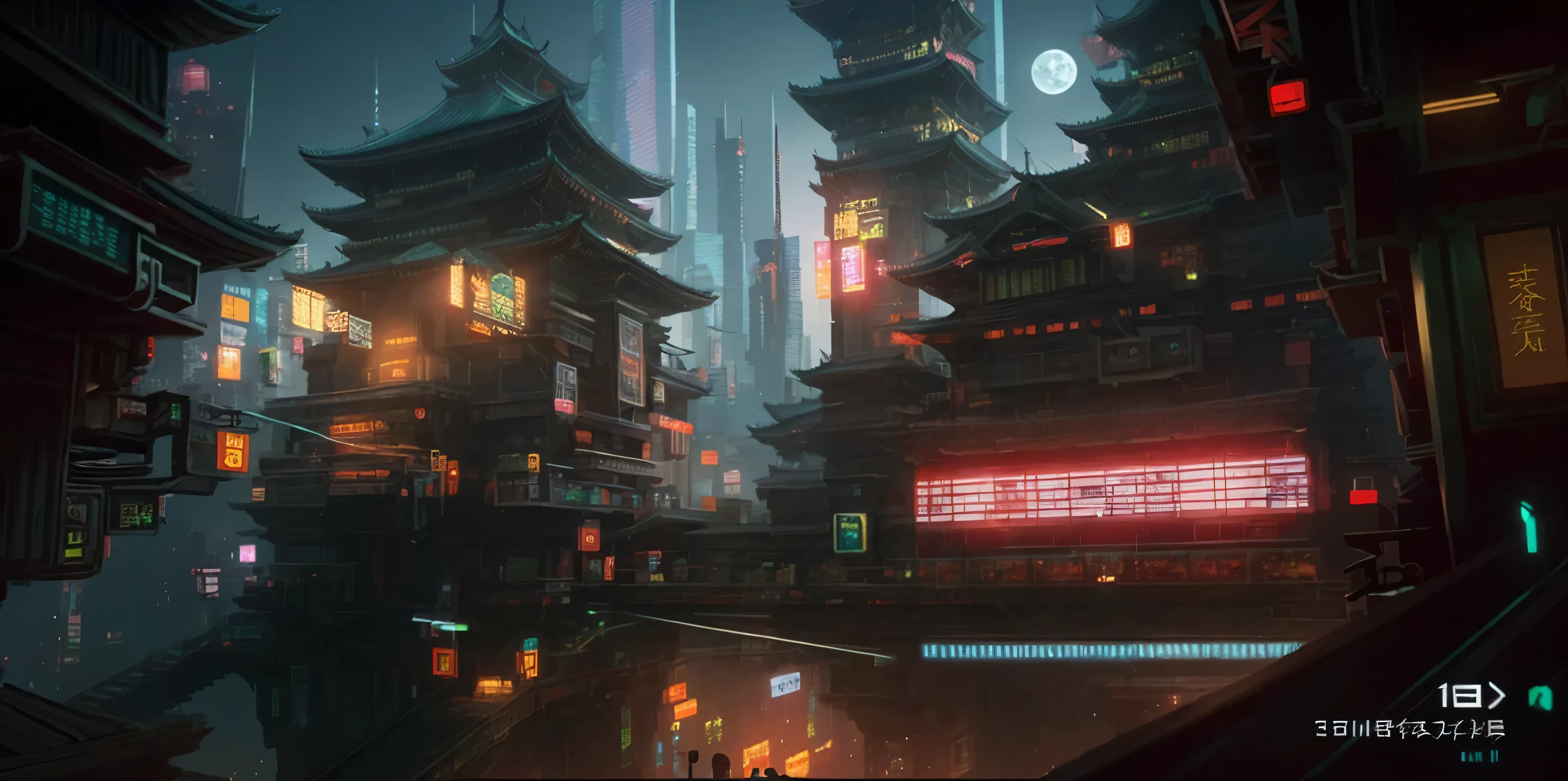 3D Platformer, Cyberpunk, Chinese Architecture, Level Design, moon, High Detail, number, Art Station, Concept Art, Smooth, Clear focus, illustration,best quality,4K,8K,high resolution