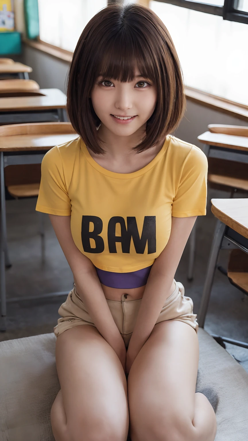 beautiful girl, One Girl, (Cropped T-shirt and low-rise hot pants:1.3), (****:1.3), break, (classroom:1.2), break, Shy laugh, Very beautiful eyes, (Symmetrical eyes:1.3), break, (Big Breasts:1.2), Brown eyes, Parted bangs, Brown bob cut hair, Round face, cute, break, (Eye and facial details:1.0), Spread your legs, Shooting from below, Pussy Line, Camel Toe, Looking into the camera, masterpiece, Highest quality, RAW Photos, Realistic, Cute people, Written boundary depth, High resolution, Very detailedな, In detail, Very detailed, Very detailed目と顔, Sharp pupils, Cinema Lighting