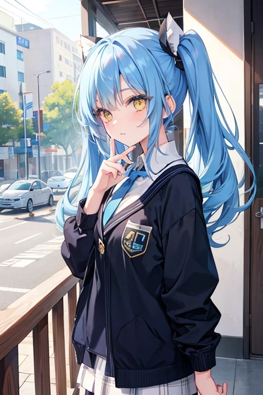 A beautiful girl with blue hair, twin tail, yellow eyes