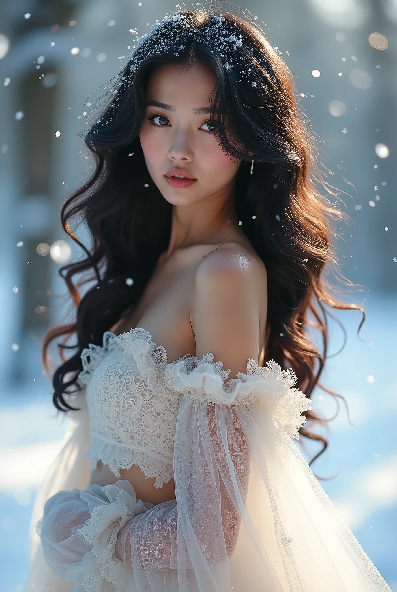 (((masterpiece))), best quality, illustration, 4k wallpaper, film light, absurd, 1 Vietnamese girl, (snow, ice), snow, in winter, black hair, shiny hair, curly hair, hot body, big breasts, transparent clothes, ruffles, lace, wet clothes, off the shoulder, hair tie, masterpiece, telephoto lens, absurd, Exquisite facial features,record,Poster layout,elegant pose,,Natural light,Soft light,(Seven-part combination) ,magnificent,Dream like and magical,mysterious