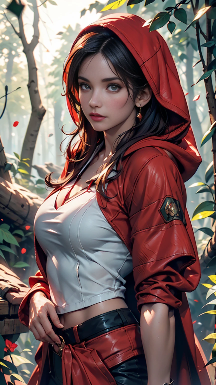 Close-up portrait of New Lara Croft in the forest, (Backlight), Realistic, masterpiece, Highest quality, ((Red hooded cloak)), ((Scared )), Lens flare, Shadow, bloom, (( Flash of light)), [chromatic aberration], by Jeremy Lipking, by Antonio J. Manzanado, by (Alphonse Mucha), Digital Painting