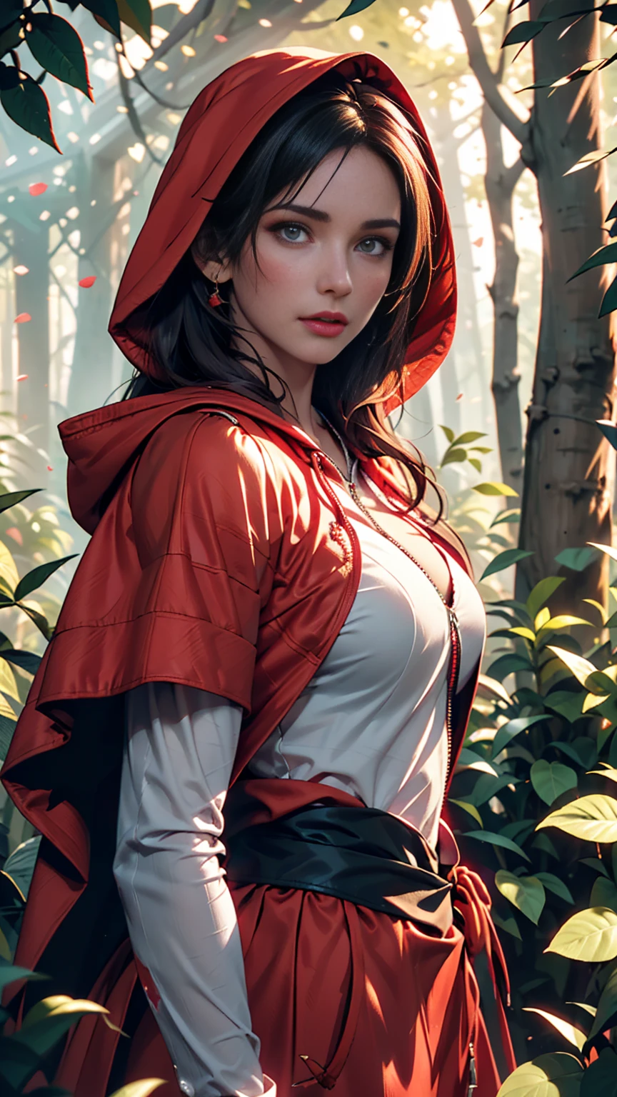 Close-up portrait of New Lara Croft in the forest, (Backlight), Realistic, masterpiece, Highest quality, ((Red hooded cloak)), ((Scared )), Lens flare, Shadow, bloom, (( Flash of light)), [chromatic aberration], by Jeremy Lipking, by Antonio J. Manzanado, by (Alphonse Mucha), Digital Painting