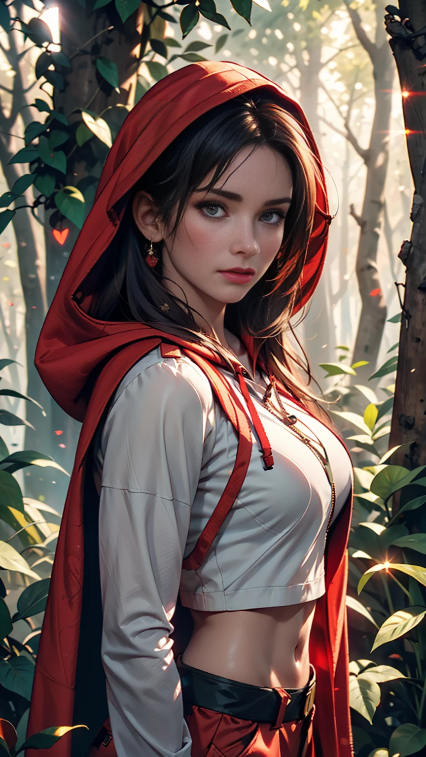 Close-up portrait of New Lara Croft in the forest, (Backlight), Realistic, masterpiece, Highest quality, ((Red hooded cloak)), ((Scared )), Lens flare, Shadow, bloom, (( Flash of light)), [chromatic aberration], by Jeremy Lipking, by Antonio J. Manzanado, by (Alphonse Mucha), Digital Painting