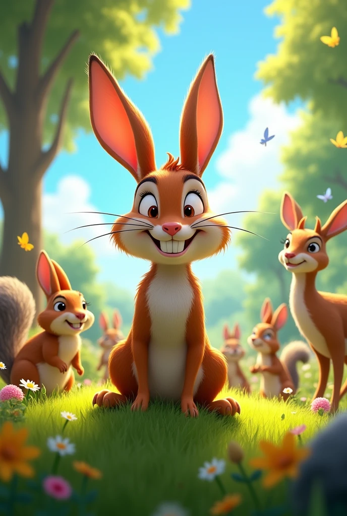 Close-up of the Hare with a smug grin, other animals like squirrels, rabbits, and deer watching him with mixed reactions. show the picture in an animated form