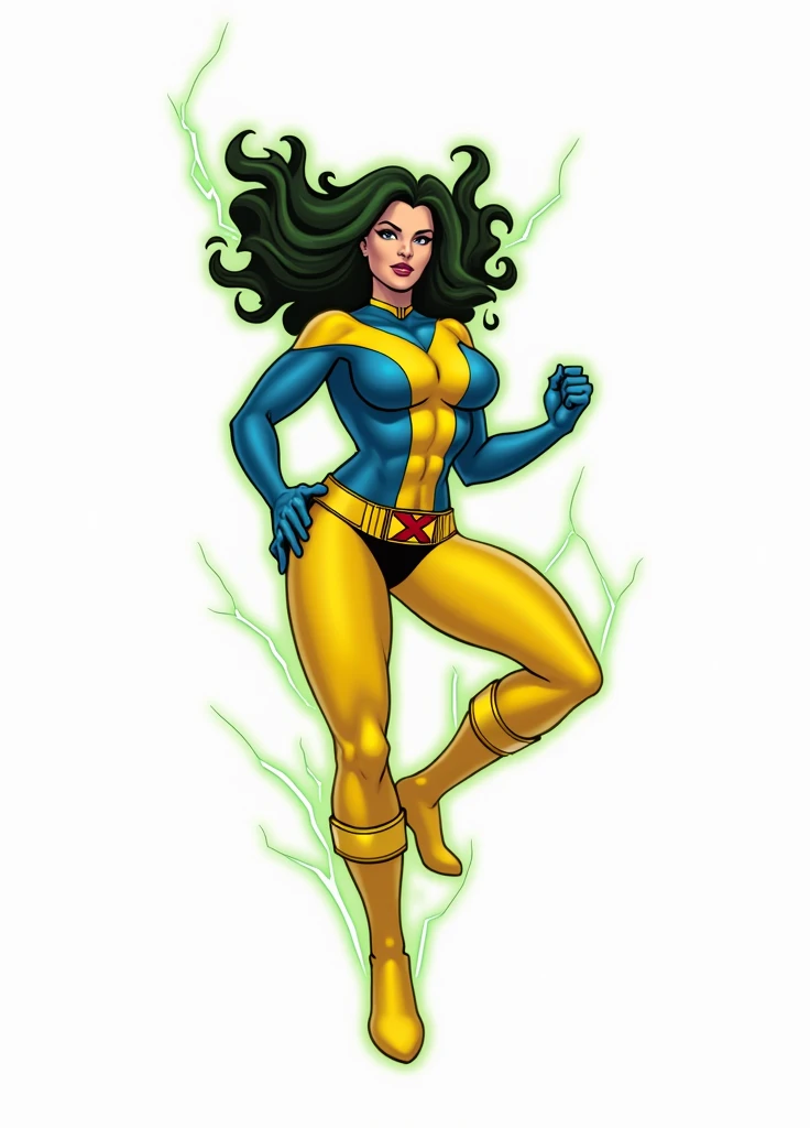 Lorna Dane, polaris x-men, (attack pose:1.4), (busty and voluptuous body), (naked arms), (green thick wavy long hair:1.4), (huge breast:1.6), wearing a blue costume, big yellow in the chest and stomach, with yellow xmen belt, blue glowes, yellow boots, (she's surrounded by a green energy:1.5), (pixel art style:1.4)