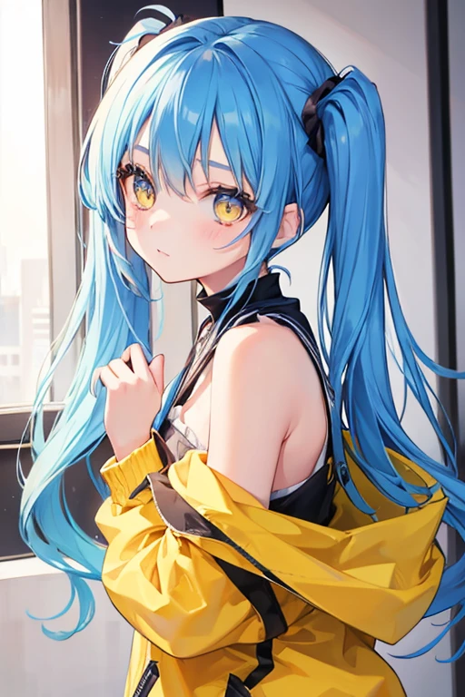 A beautiful girl with blue hair, twin tail, yellow eyes
