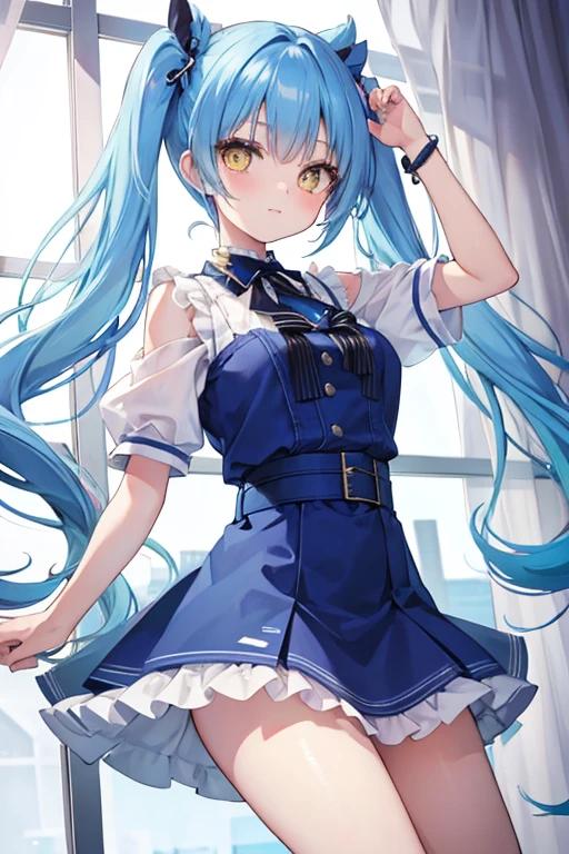 A beautiful girl with blue hair, twin tail, yellow eyes