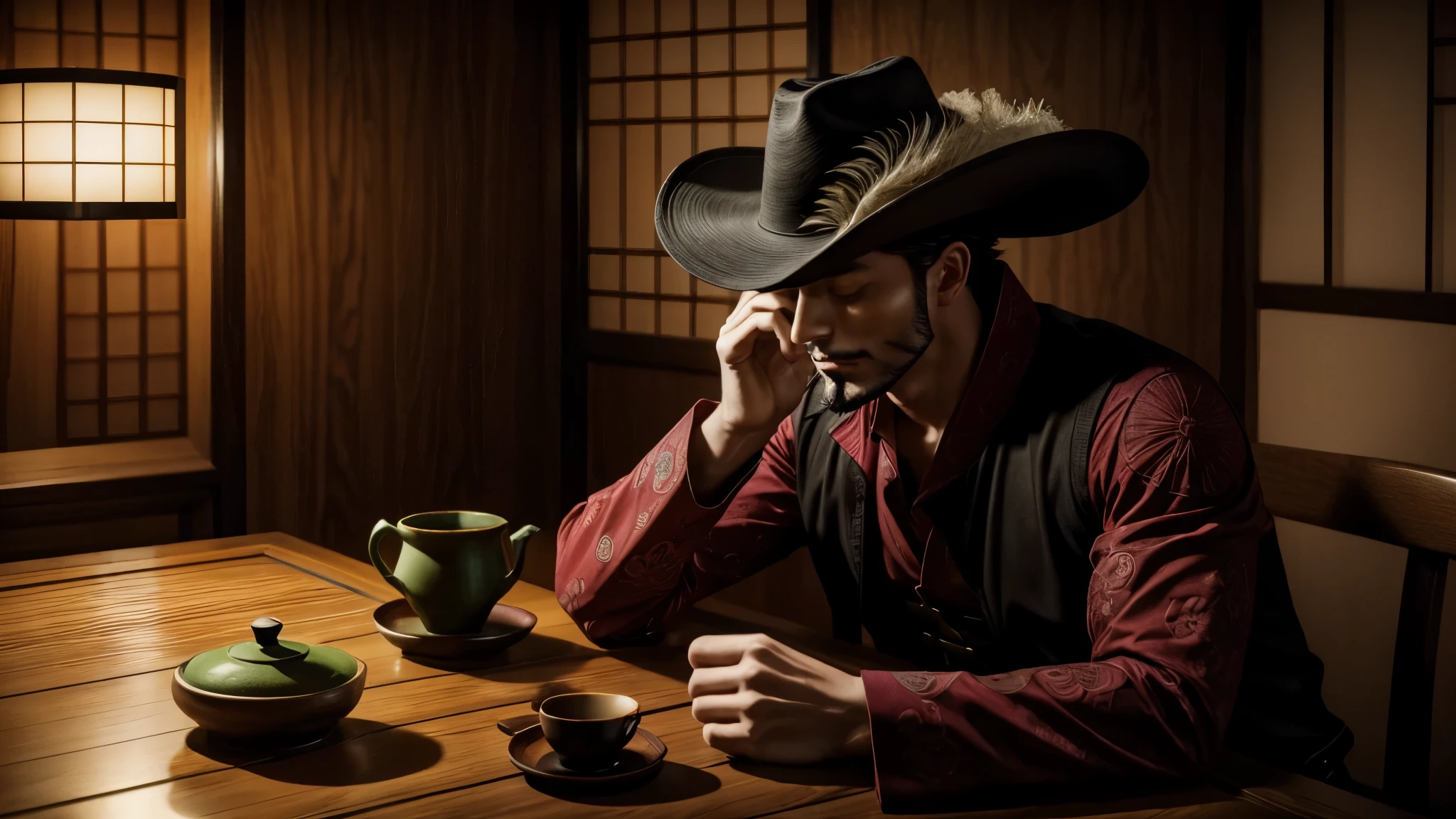 masterpiece, best quality, extremely detailed, hyperrealistic, photorealistic, a cool 40s man, ultra detailed face:1.2, black hat with feathers, ryokan, traditional tea house, traditional japanese room, table, matcha, closed eyes