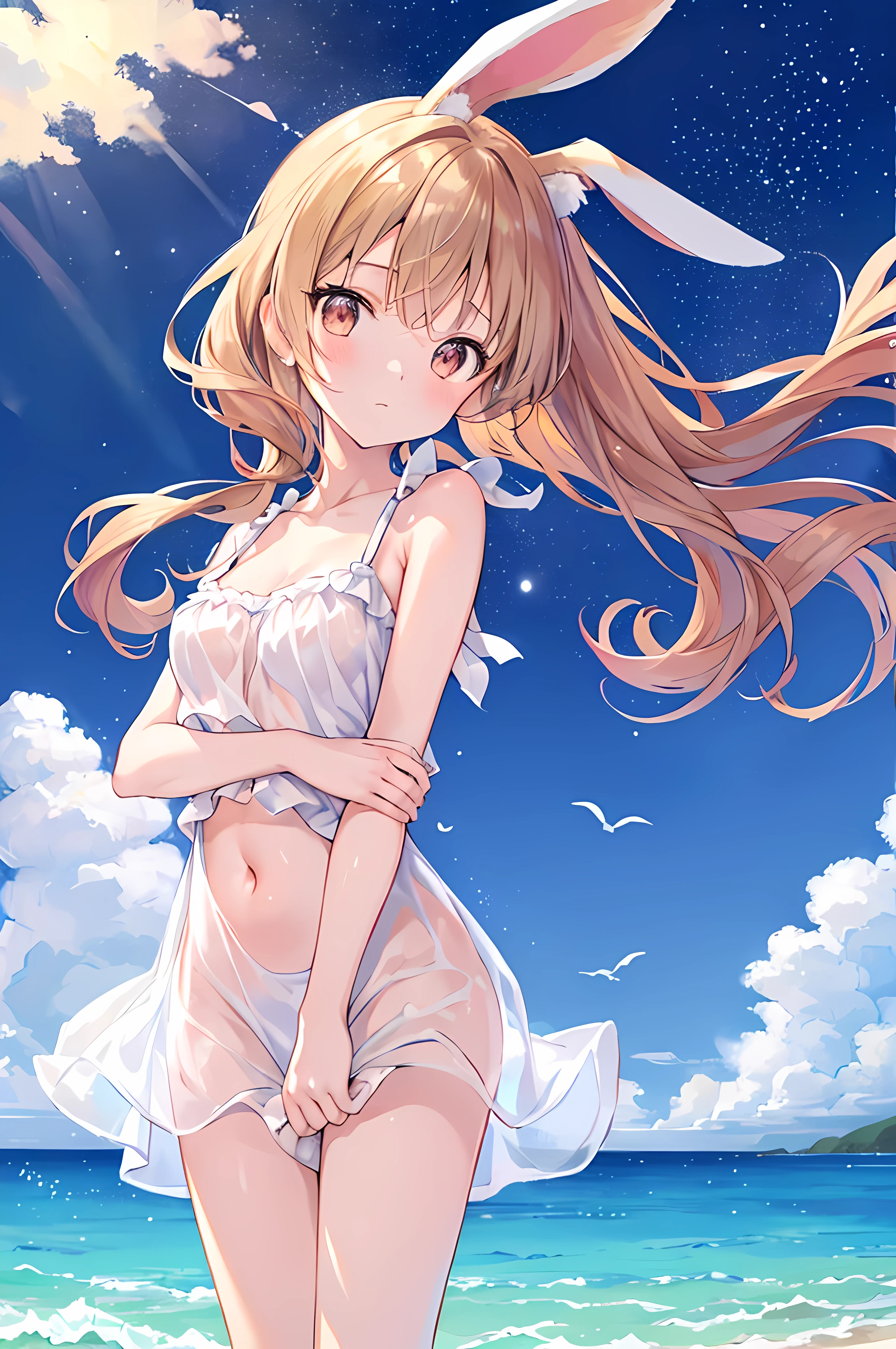 beautiful picture, best quality, a cute girl, beach, pastel colors, fluffy rabbit ears, , brown long hair, Rabbit doll, bright star, brown eyes, cleavage, cute expression, Being cute, Exposed shoulders, A see-through white dress, wet,  Passers-by, navel, embarrassing, White skin, Vigorous, standing, upper body bent, Soaking feet in water, wind, Put your hands on your knees, whole body, night, meteor, Wallpapers