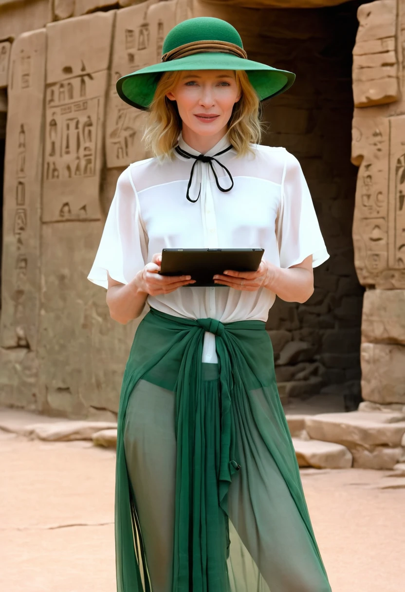 (sag)Cate Blanchett, age 25, age 25, British Expedition hat, Sheer white top tied above belly, Sheer green dress, no underwear, holding a tablet, desert ruins with hieroglyphs,
