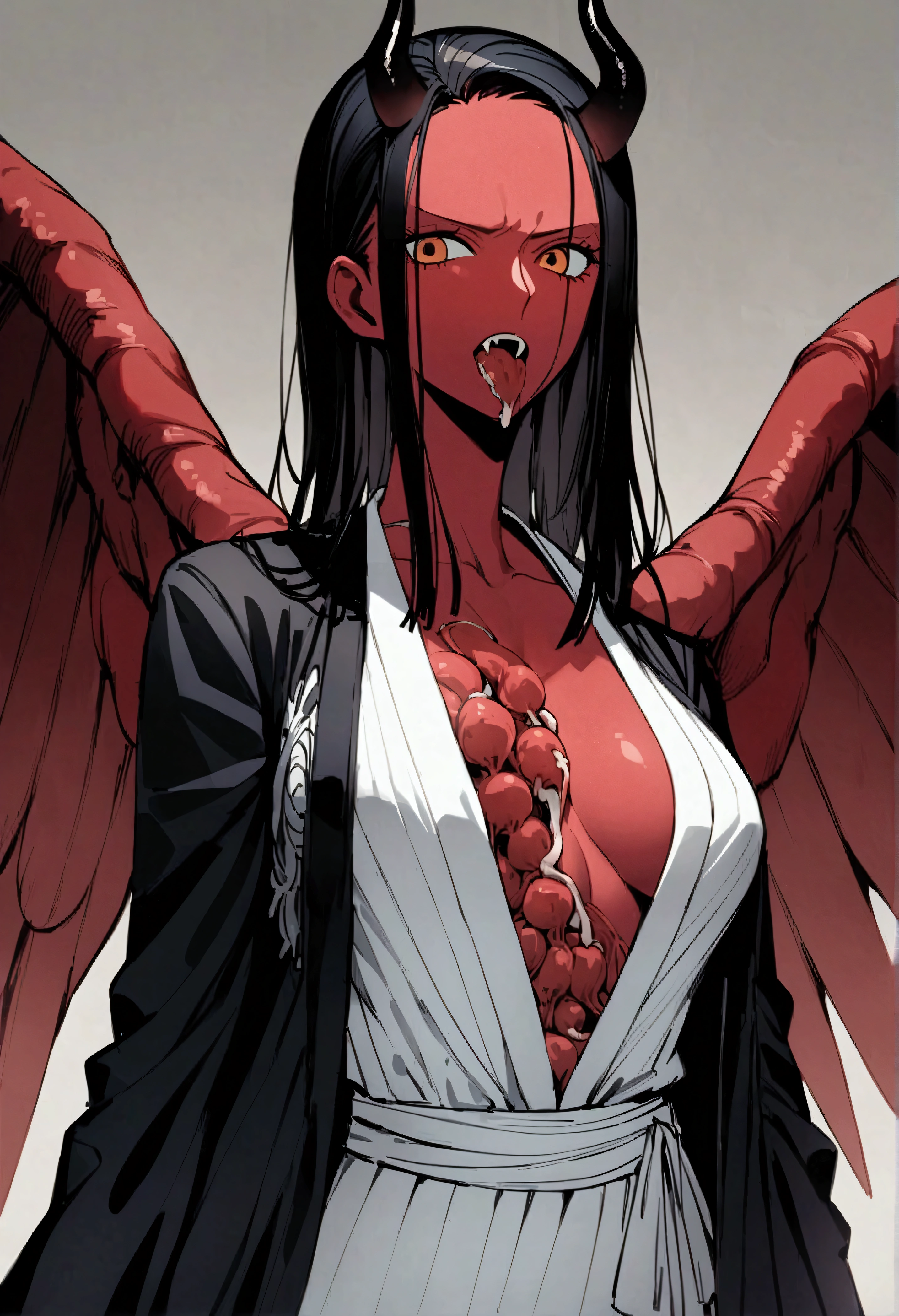Masterpiece、Highest quality、Super detailed、Nico Robin\(one piece\),Organs scattered、Hanahana fruit、Devil's Child、Red skin、Extra Arms、Devil's Red Wings、Sharp Fangs、Black Horn、Black haori stained with organs、White floral kimono stained with organs、solo、1 person、Guts and blood slurping、Guts and blood licking