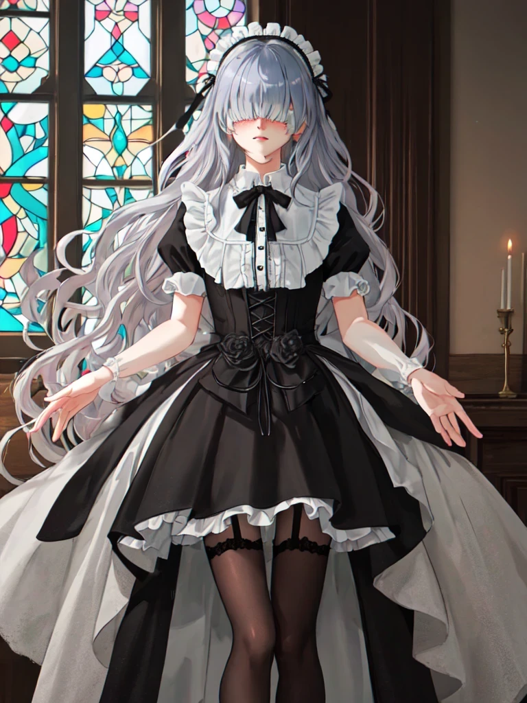 extremely quality extremely detailed, contrapposto, Faint lips,UC:realistic glow shine like opal deep-silky-healthy-lackwarm-foundational-soft-skin, photo realistic ray trace depth of field, extremely quality extremely detailed, illustration, contrapposto, cute anime face cinematic lighting cinematic angle, lower eyelashes eyelashes, eyeliner, Gothic Frilled dress, long skirt, Headdress, bowknot, hair ornament, hair flower, black fishnet_pantyhose, garter straps, Lace, cross-laced footwear, frilled blouse, ribbon-trimmed sleeves, puffy sleeves, bloomers, candlestick, stained glass, intricate gothic architecture, +++ 
aqua eyes , 
light indigo hair, 
very long hair , 
hime cut, 
wavy hair , 
hair over eyes, covered eyes, blunt bangs, 
hair flaps , 
;3, 
blush_stickers , 
+++, Close-up , looking afar, hip view