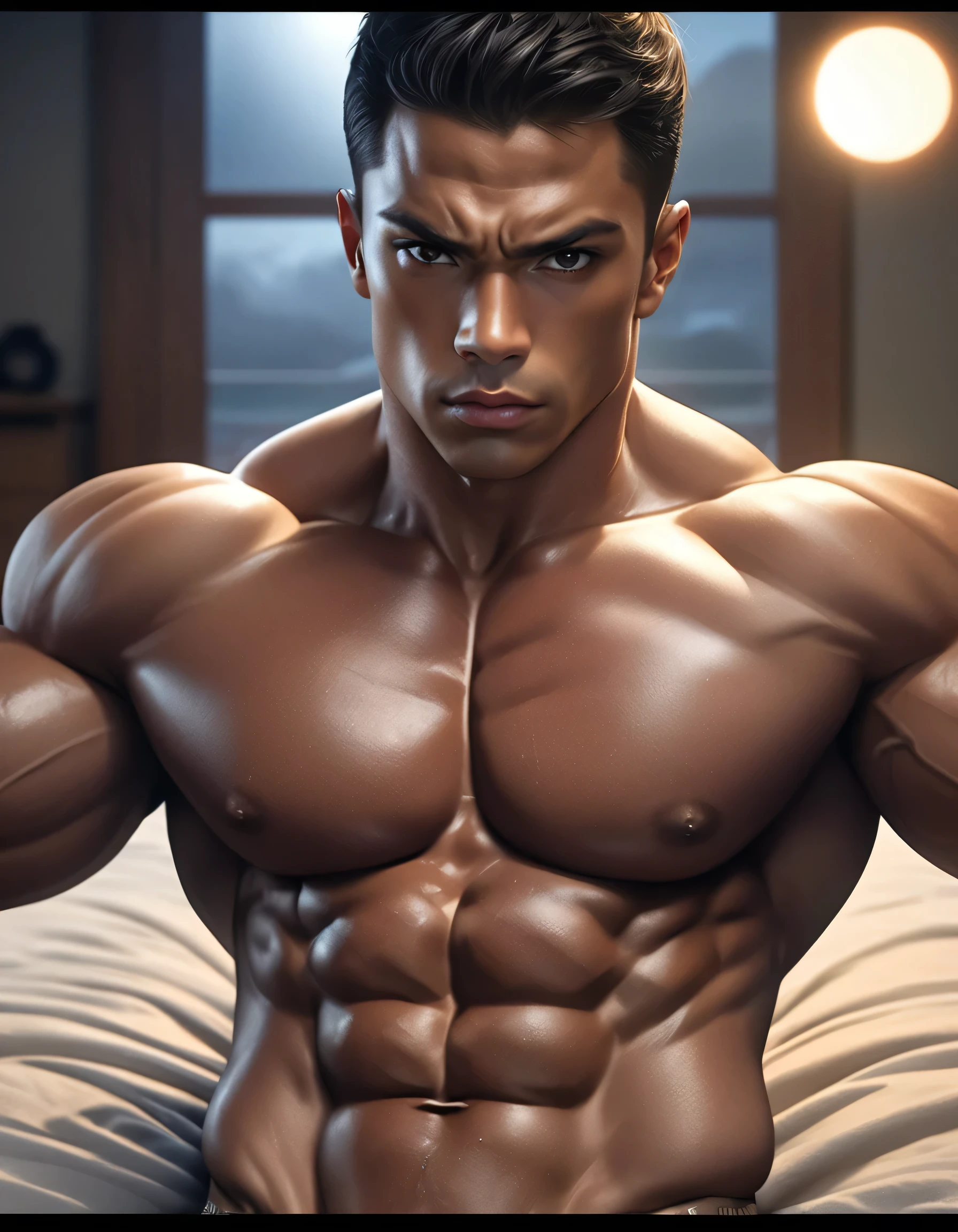 high quality, detailed, Realistic,(Two Japanese bodybuilders with sun tans:1.5), (detailed black eyes), (Black short hair:1.1), (logic:1.6), (tanned dark brown skin), Bedroom at night, (Black small T-back), (bulge), (detailed nipples), detailed areola,最high quality,4K,8k,High resolution,masterpiece:1.2),ultra-detailed,(Realistic,photoRealistic,photo-Realistic:1.37), View your viewers,(Face close-up:0.7),--No clock,