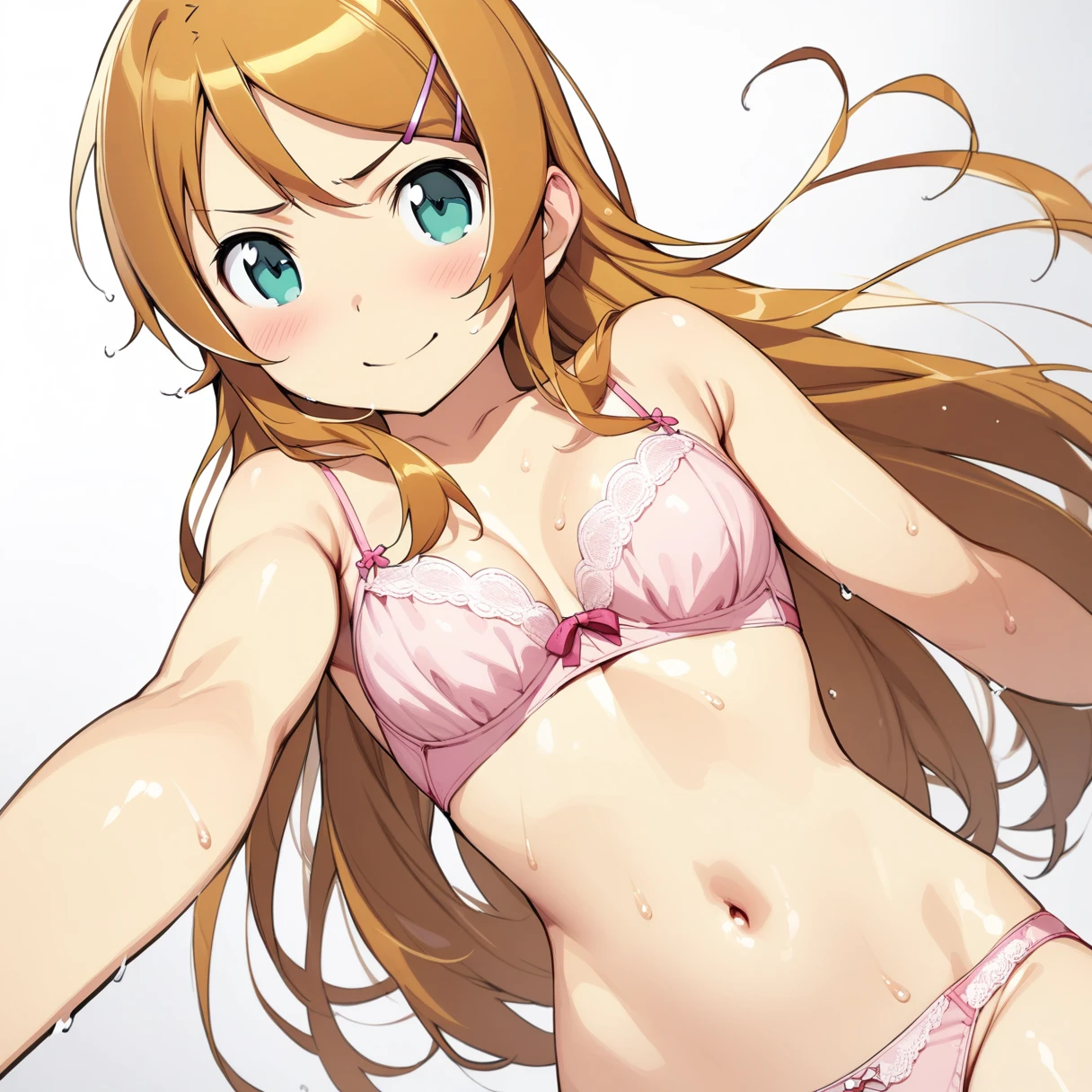 (masterpiece),(Highest quality),(Very detailed),(Best illustrations),(Best Shadow),(so beautiful),(Kirino Takasaka),(White background),kirino kousaka,Blonde,Long Hair,Hair Clip,Green Eyes,bangs,whole body,Completely naked,solo,slender,Embarrassed,smile,Pink underwear,Underwear with a small ribbon,Detailed panties,Detailed bra,Wet,Slightly below front angle