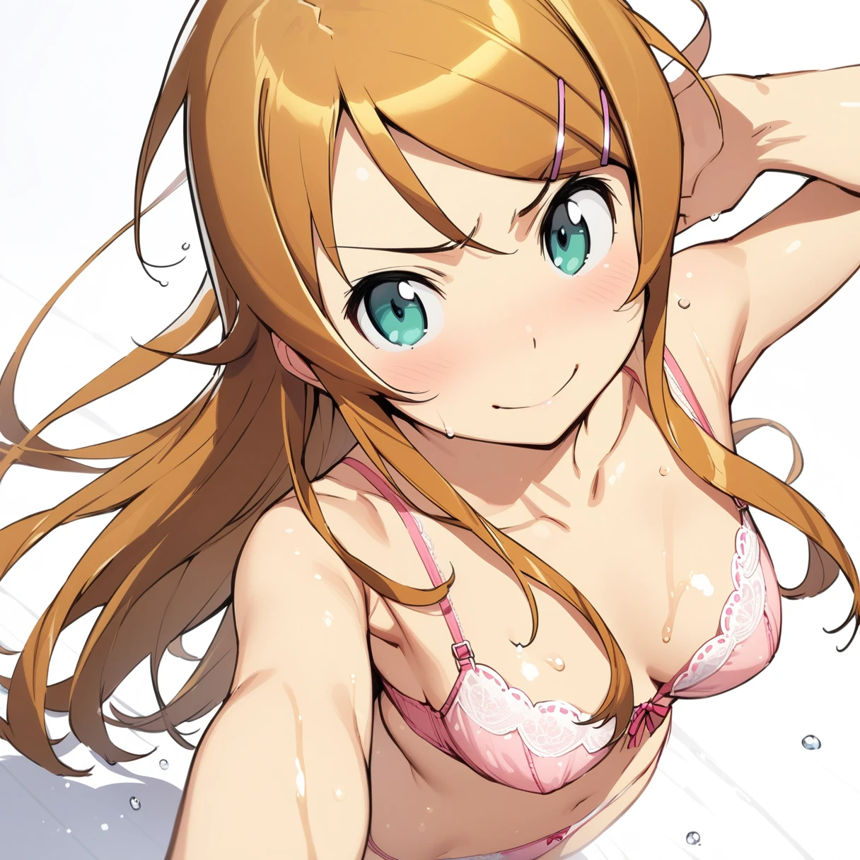(masterpiece),(Highest quality),(Very detailed),(Best illustrations),(Best Shadow),(so beautiful),(Kirino Takasaka),(White background),kirino kousaka,Blonde,Long Hair,Hair Clip,Green Eyes,bangs,whole body,Completely naked,solo,slender,Embarrassed,smile,Pink underwear,Underwear with a small ribbon,Detailed panties,Detailed bra,Wet,Slightly below front angle