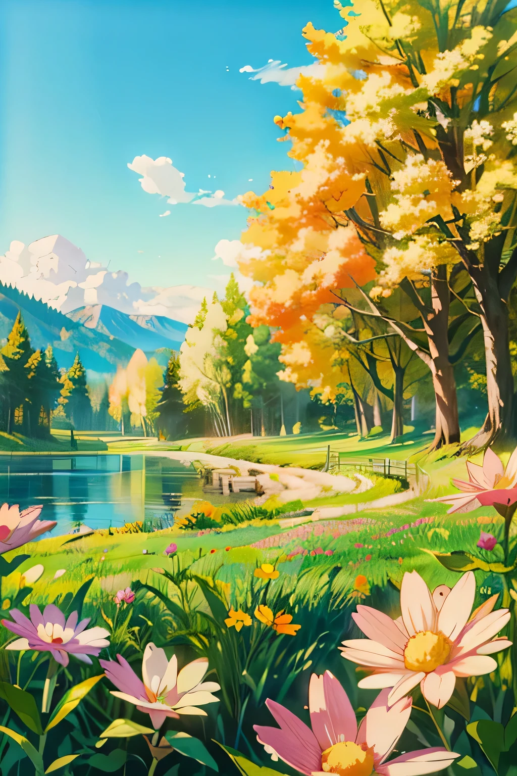 "Create a serene, sunlit scene capturing the essence of nature’s beauty. The image should depict a clear, tranquil lake reflecting the bright blue sky and fluffy white clouds above. On one side of the lake, tall trees with golden-yellow leaves stand majestically, their autumn colors contrasting against the lush green grass. In the foreground, vibrant pink and white wildflowers bloom, adding a burst of color. The background should feature gently rolling hills and distant mountains, creating a peaceful and idyllic setting. The overall atmosphere should evoke a sense of calm and tranquility, perfect for nature enthusiasts and lovers of the outdoors."

