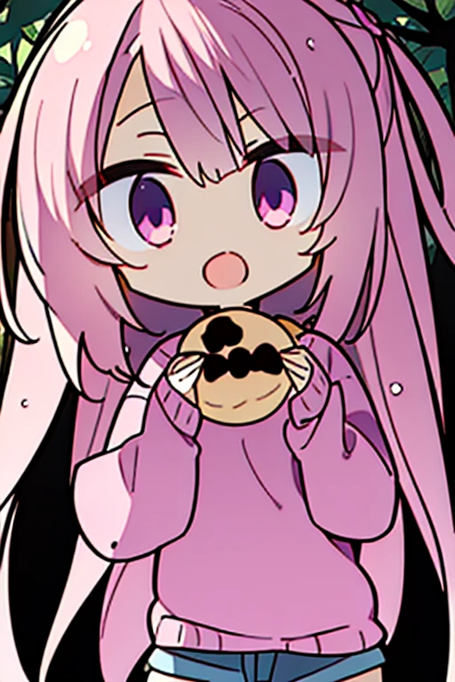 Perfect face. Perfect hands. A pink haired girl with violet eyes in shorts and Gothic t-shirts is eating a cookie in a creepy forest with a big smile
