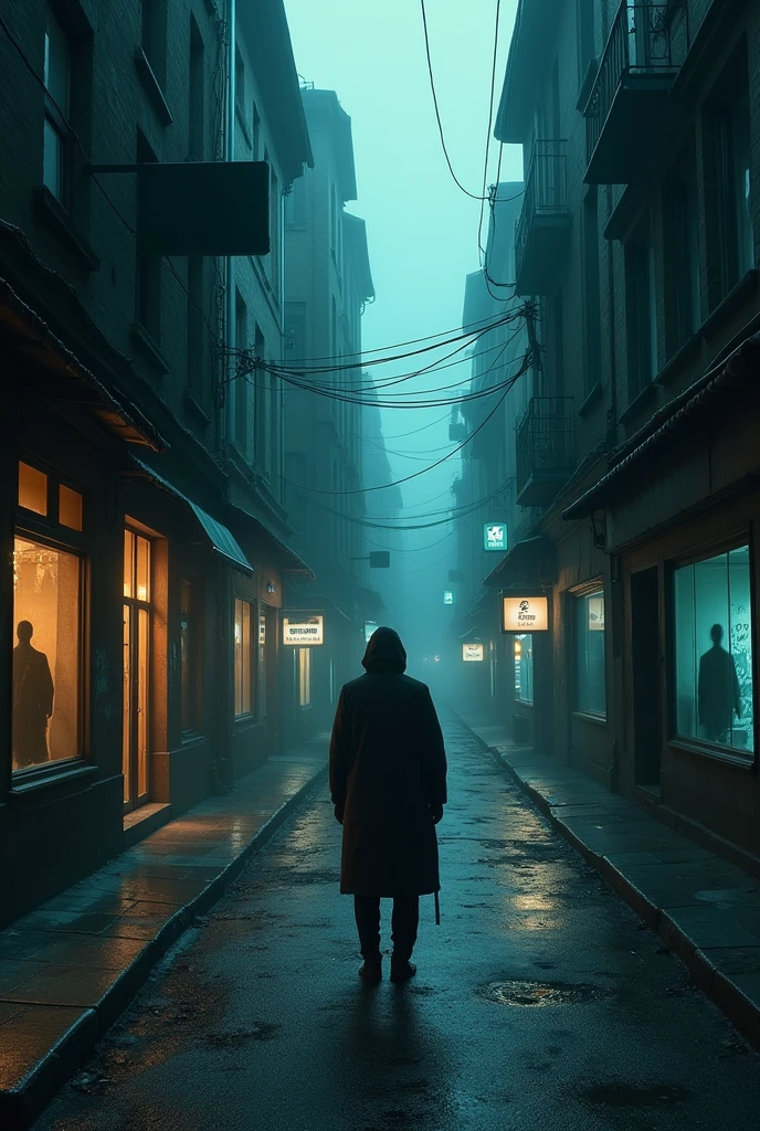 Create a cover for the song. The man sees phantoms in the shop windows on the empty, gloomy street, which looks like a labyrinth