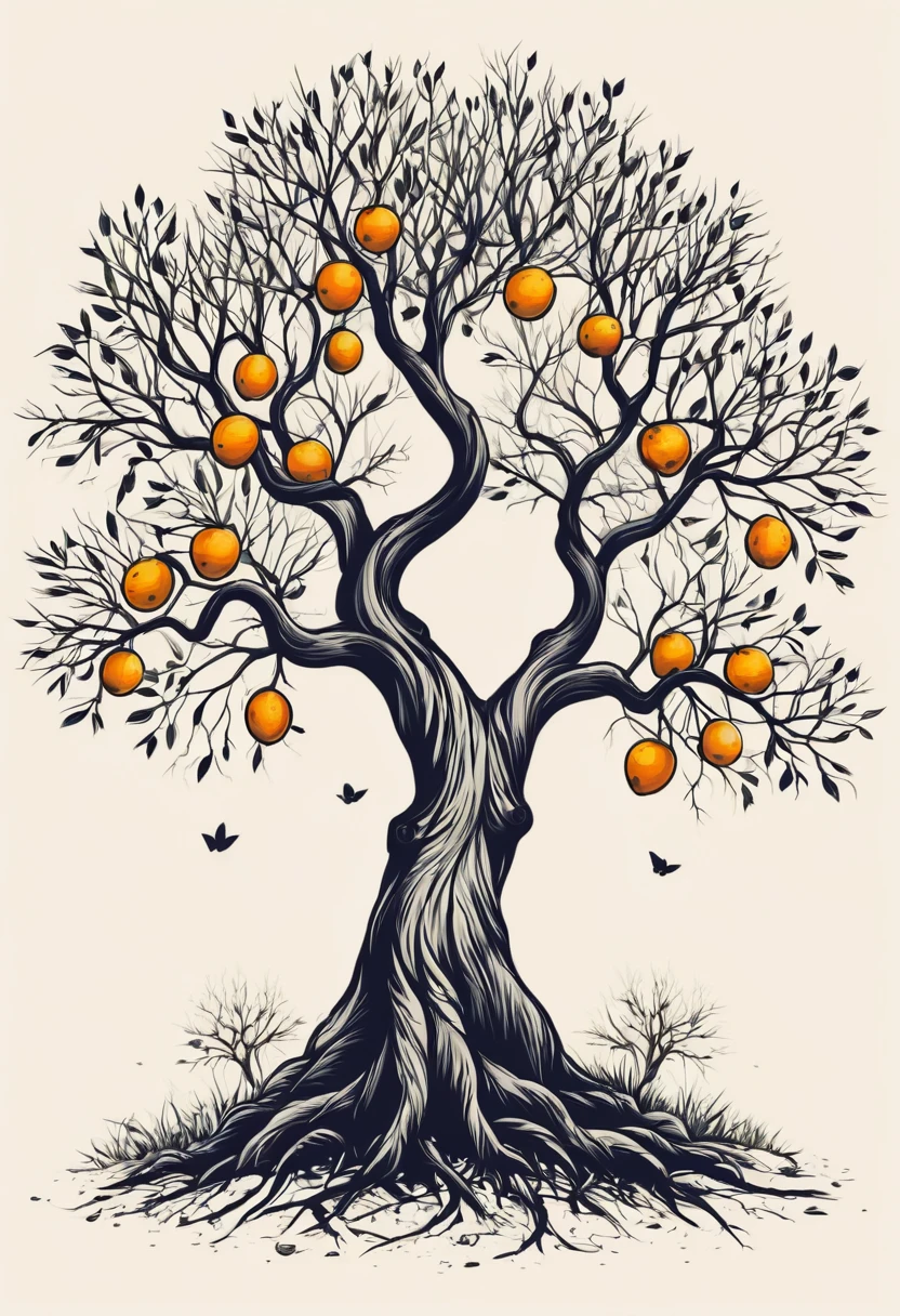 Trunk of a tree and branches without leaves and without fruits, T-shirt design, rzminjourney, vector art
