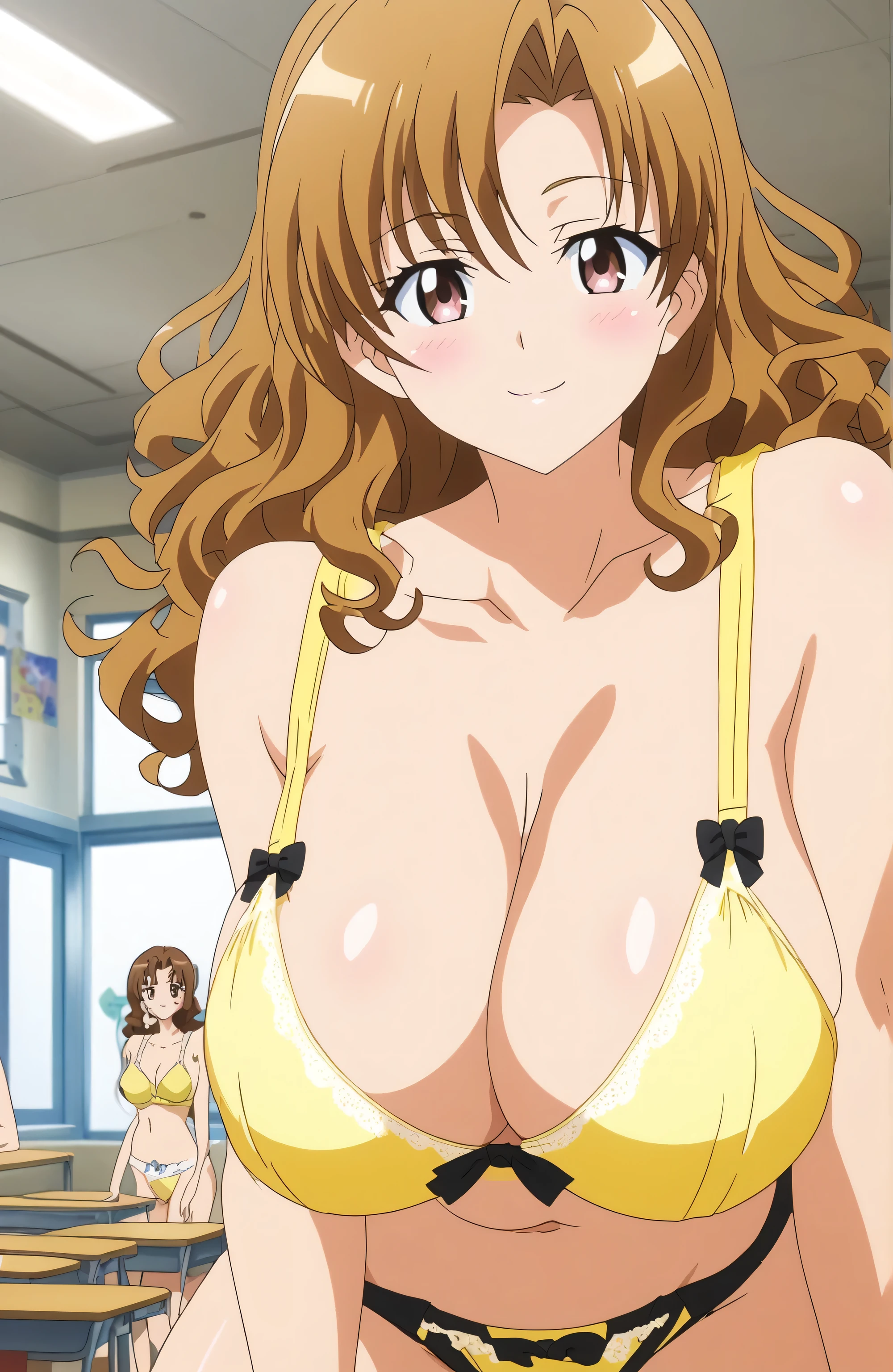 score 9、score 8 up、score 7 up、Anime Girls in a yellow bra and yellow panty、Woman with short brown hair、Brown eyed woman、Wavy Hair、seductive anime women、clothing:Yellow bra with black ribbon、Yellow panties with black ribbon、Tall Woman、Sexy vibe、Anime Moe Art Style、Big Breasts、A woman with very large breasts、(Anime Girls)、attractive Anime Girls、Naughty anime style、Beautiful attractive anime teen、Smooth anime CG art、School classroom、indoor、cleavage、bra with an yellow with black bow、panty with an yellow with black bow、whole body、Indoor shoes、A girl is standing、digital anime art!!、Female focus、Perfect body、Sexy Anime、Full Body、The best of anime、solo、Underwear only、Bra and panties only、8k!!、High resolution!!、Very detailed、
