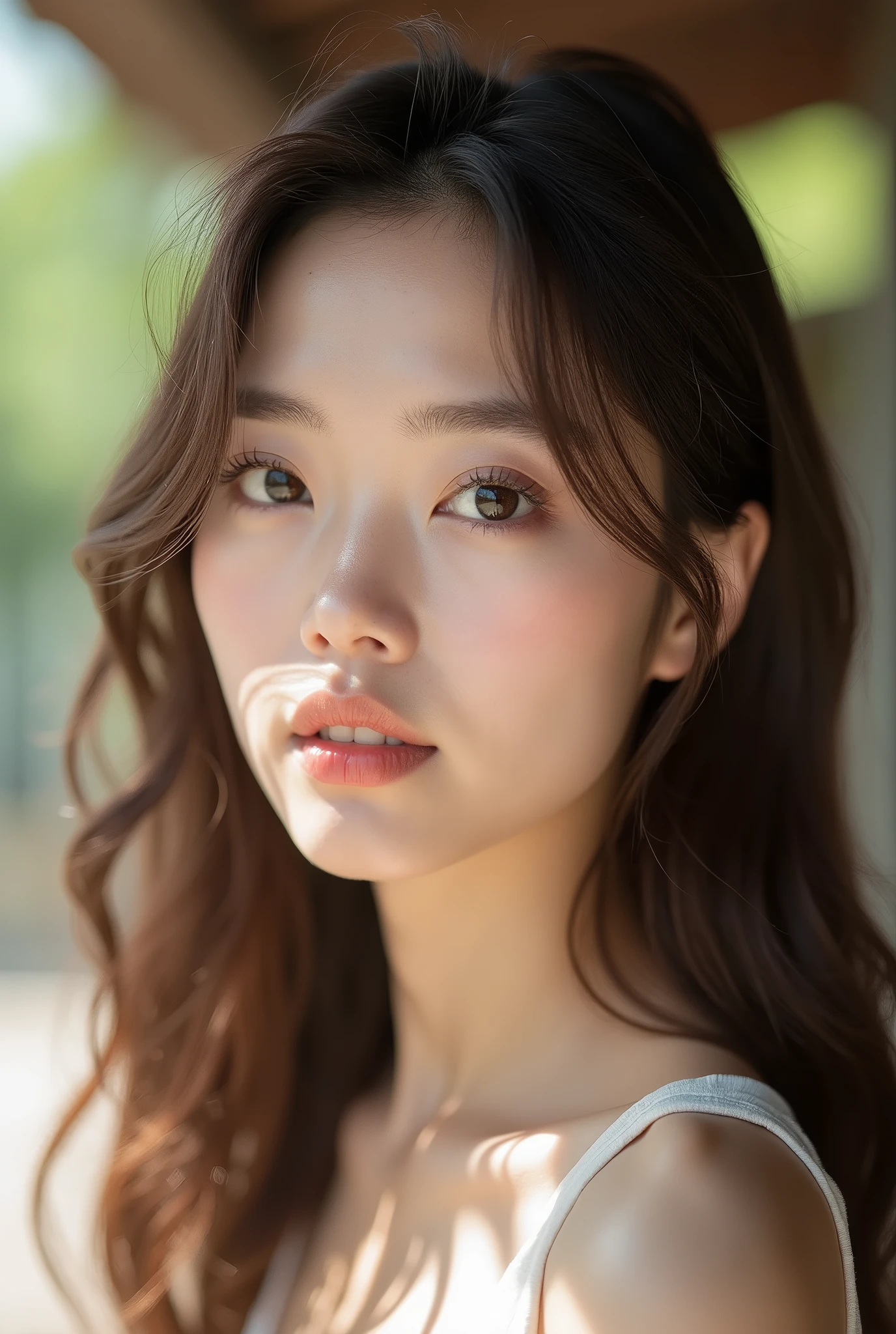Realistic beauty, 24 years old, Japanese woman. Small nose with a defined bridge. Round, large black eyes. Long eyelashes. Hair down to her collarbone, brown hair color. Small chin. Clean facial lines. Adult cute vibe, classy impression. Natural, bright light outside.