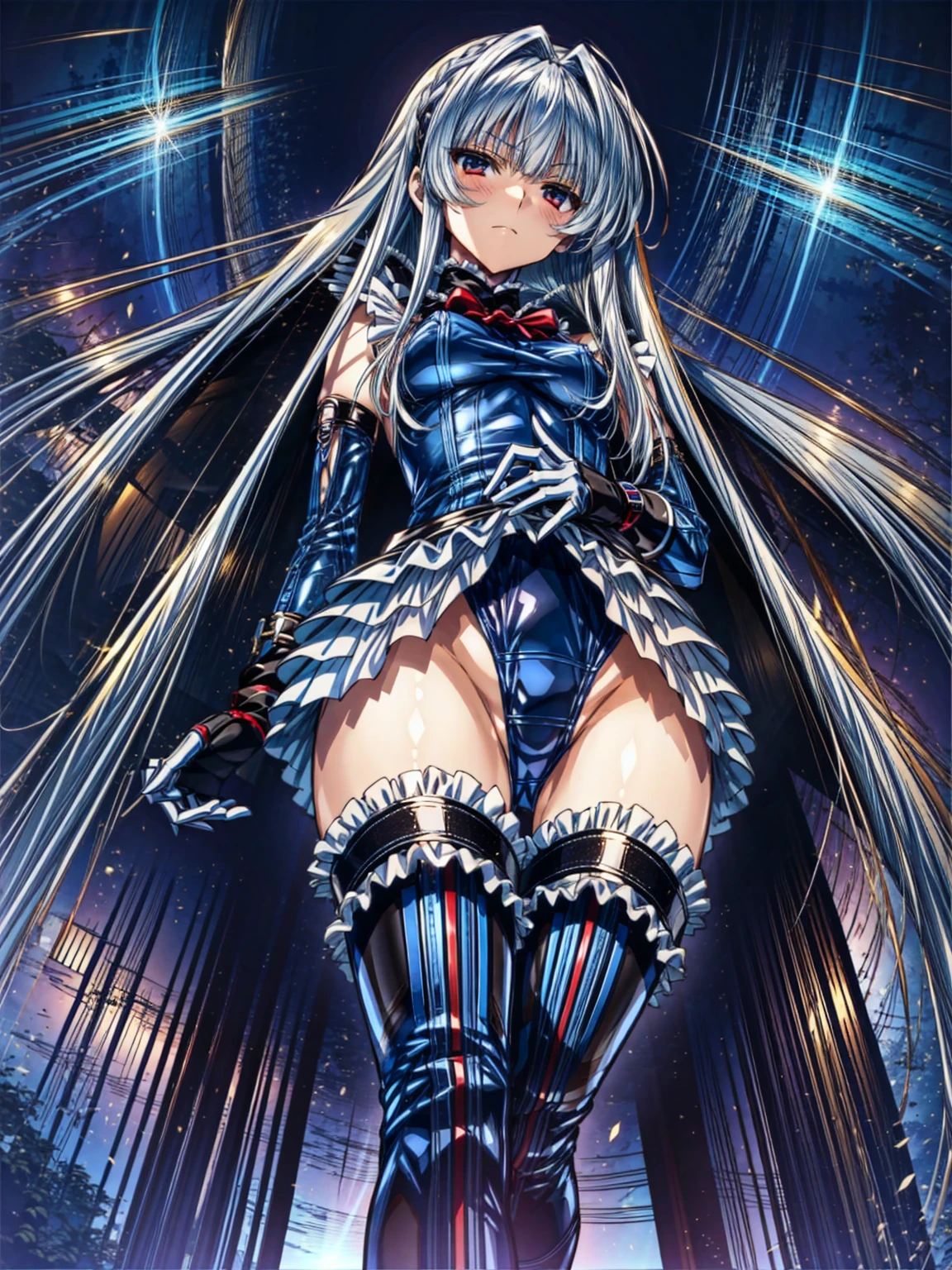 Perfect Anatomy, Highest quality, Rose,,Provocative attitude
(Inside a futuristic base:1.1)(Emotionless,Expressionless:1.4),Anime Style,(Frilled swimsuit, Knee socks, Removed sleeve), (Anime Style:1.4) ,(Three Girls:1.5),
Silver Hair,(White fingers:1.1,Black gloves),Very long hair,Evil Aura,(From directly below:1.4),whole body