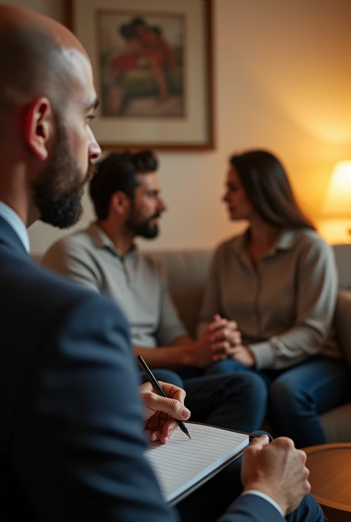 Male psychologist, bald, who is facing away from the camera in his office with a married couple who are in couples therapy.
The psychologist observes himself from the front and from behind, with a beard although his face is not visible. The couple looks at each other in the background, holding hands and very focused, The psychologist takes notes in his notebook
